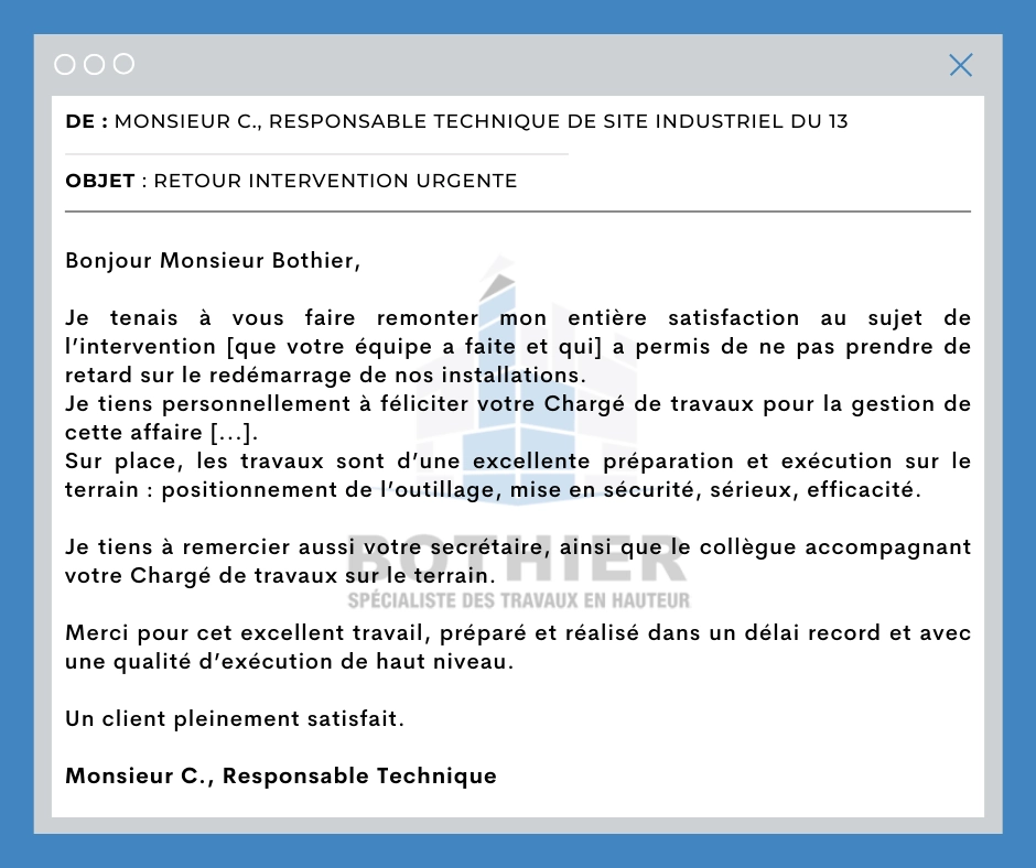 Retour élogieux de notre client après une intervention urgente sur un site industriel du 13